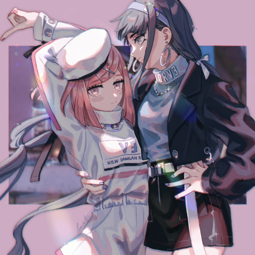2girls alternate_costume arm_around_waist arms_up belt black_jacket black_skirt blue_nails blush_stickers casual chabashira_tenko closed_mouth commentary cowboy_shot danganronpa_(series) danganronpa_v3:_killing_harmony earrings hair_ornament hair_ribbon hairclip hand_on_own_hip hat highres hoop_earrings jacket jewelry lemontea long_hair long_sleeves looking_at_viewer multiple_girls nail_polish pink_background purple_nails red_eyes red_nails redhead ribbon shirt skirt very_long_hair white_belt white_headwear white_ribbon white_shirt white_skirt x_hair_ornament yumeno_himiko