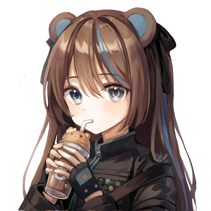 1girl amai_direct animal_ears bear_ears bear_girl black_gloves black_jacket black_ribbon blue_eyes blue_hair brown_hair collared_jacket commentary cup drinking_straw fingerless_gloves gloves grey_eyes hair_between_eyes hair_ribbon highres holding holding_cup jacket light_blush long_hair looking_at_viewer multicolored_hair nei_kumamitsu no_heterochromia ribbon second-party_source shoulder_strap spanish_commentary starlime streaked_hair swept_bangs two-tone_hair virtual_youtuber white_background zipper