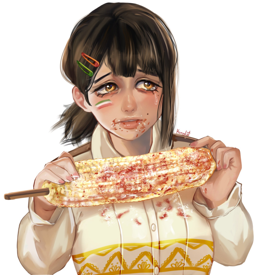 1girl black_hair brown_eyes chainsaw_man corn crying crying_with_eyes_open elote_(food) food food_on_face hair_ornament hairclip higashiyama_kobeni highres holding holding_food kimy_list mexico mixed-language_commentary mole mole_on_cheek mole_under_eye mole_under_mouth multiple_moles short_ponytail signature simple_background single_sidelock solo spanish_commentary tears upper_body white_background