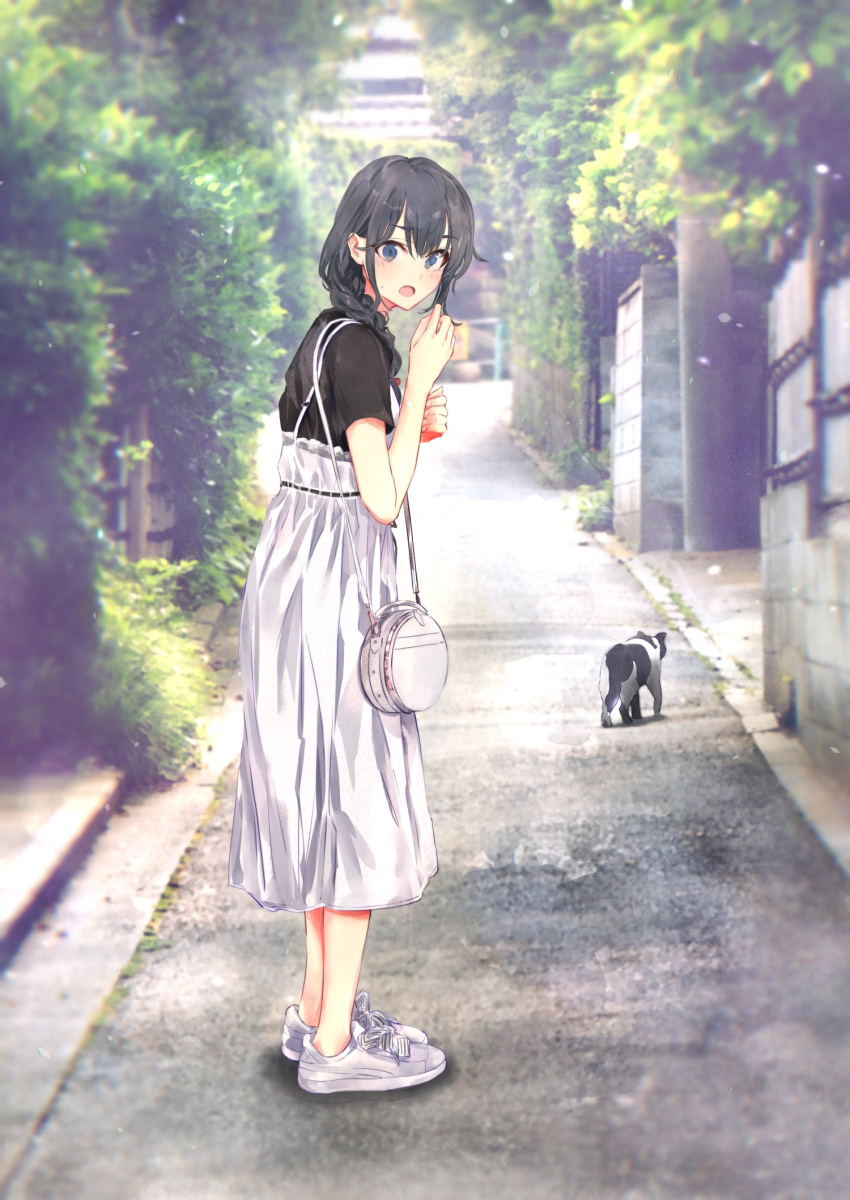 1girl :o animal bag black_shirt blush braid bush cat commentary day from_side full_body grey_eyes grey_hair hair_between_eyes hair_over_shoulder highres long_hair long_skirt looking_at_viewer looking_to_the_side official_art open_mouth outdoors ponkan_8 revision road shirt shoes short_sleeves skirt sneakers solo standing street symbol-only_commentary wall white_bag yahari_ore_no_seishun_lovecome_wa_machigatteiru. yukinoshita_yukino