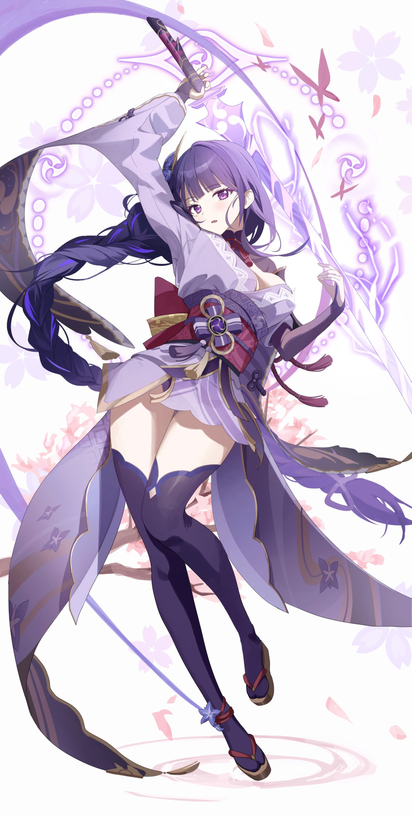1girl absurdres breasts genshin_impact highres holding holding_sword holding_weapon large_breasts long_hair looking_at_viewer musou_isshin_(genshin_impact) nagul purple_hair purple_thighhighs raiden_shogun solo sword tabi thigh-highs thighs violet_eyes weapon