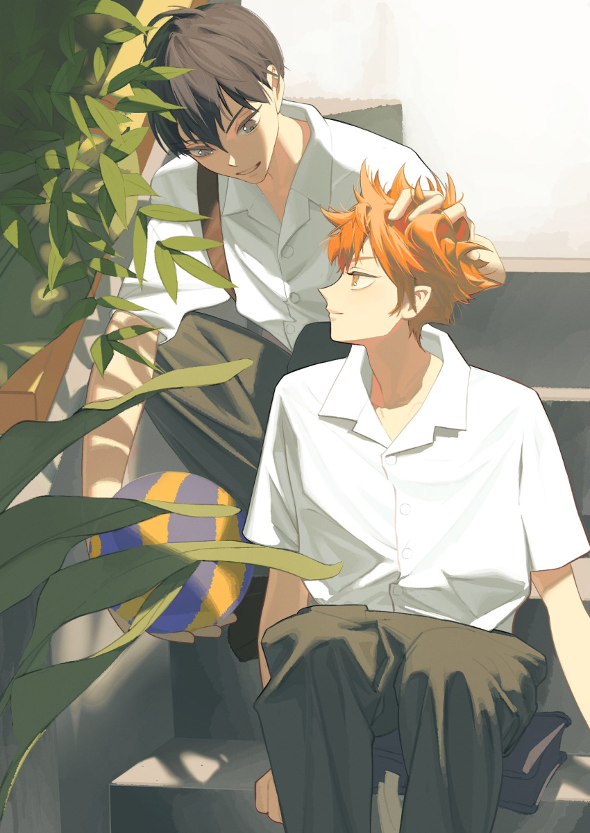 2boys ball black_hair black_pants buttons closed_mouth collared_shirt estelle_bear feet_out_of_frame haikyuu!! headpat highres hinata_shouyou indoors kageyama_tobio leaf looking_at_another male_focus multiple_boys orange_eyes orange_hair pants parted_lips plant school_uniform shirt short_sleeves stairs upper_body volleyball_(object) white_shirt