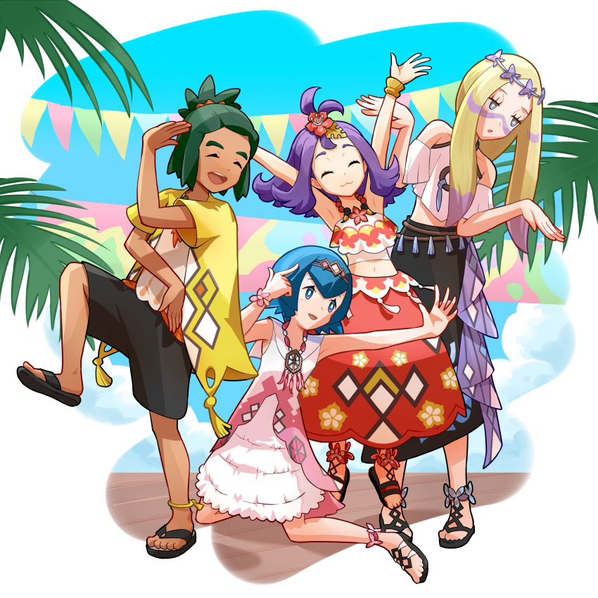 1boy 3girls :3 absurdres acerola_(pokemon) acerola_(sygna_suit)_(pokemon) armpits arms_up bare_arms black_footwear black_shorts blonde_hair blue_hair bright_pupils closed_eyes closed_mouth coat commentary_request dark-skinned_male dark_skin eyelashes ffccll flower grey_eyes hair_flower hair_ornament hau_(pokemon) hau_(sygna_suit)_(pokemon) highres lana_(pokemon) lana_(sygna_suit)_(pokemon) long_hair looking_down mina_(pokemon) mina_(sygna_suit)_(pokemon) multiple_girls navel official_alternate_costume parted_lips pokemon pokemon_(game) pokemon_masters_ex purple_hair red_flower red_skirt sandals shirt shorts skirt smile topknot white_pupils yellow_coat