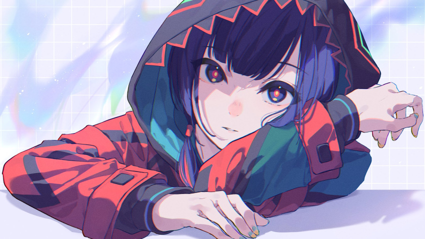 1girl black_jacket black_shirt blue_eyes blue_hair blue_nails commentary elbows_on_table grid_background hair_over_shoulder head_rest highres hood hood_up hooded_jacket jacket kamitsubaki_studio long_sleeves looking_at_viewer low_ponytail multicolored_clothes multicolored_eyes multicolored_hair multicolored_jacket multicolored_nails parted_lips red_eyes red_jacket redhead rim_(kamitsubaki_studio) ritao_kamo shadow shirt solo streaked_hair symbol-only_commentary table upper_body virtual_youtuber yellow_nails yellow_pupils
