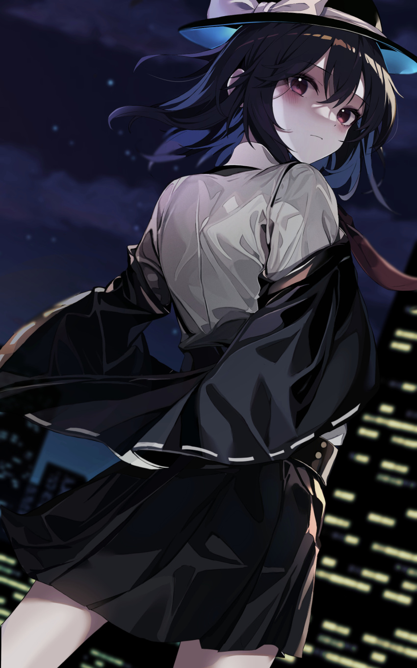 1girl absurdres black_hair black_headwear black_skirt blush bow brown_eyes building closed_mouth from_behind hair_between_eyes hat hat_bow highres krs_(kqrqsi) necktie night night_sky outdoors pleated_skirt red_necktie shirt short_hair skirt sky solo touhou usami_renko white_bow white_shirt