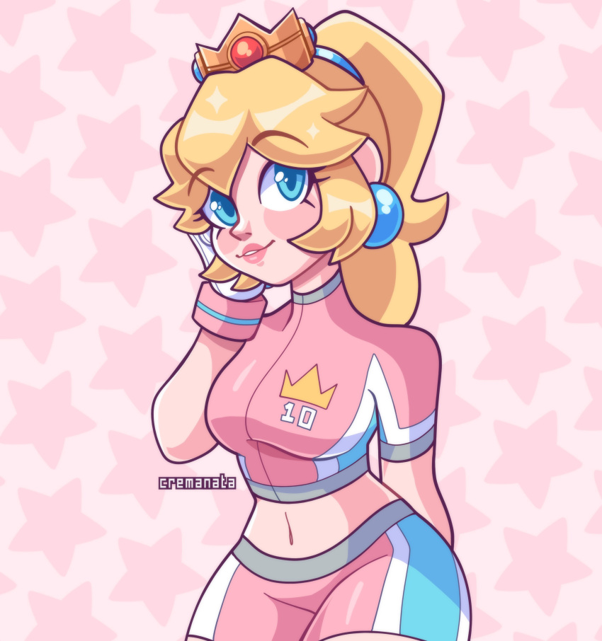 1girl absurdres arm_behind_back artist_name blonde_hair blue_eyes breasts cremanata gloves highres large_breasts legs looking_at_viewer midriff navel parted_lips pink_lips ponytail princess princess_peach shorts smile soccer_uniform solo sportswear star_(symbol) strikers_peach super_mario_bros. super_mario_strikers thighs watermark