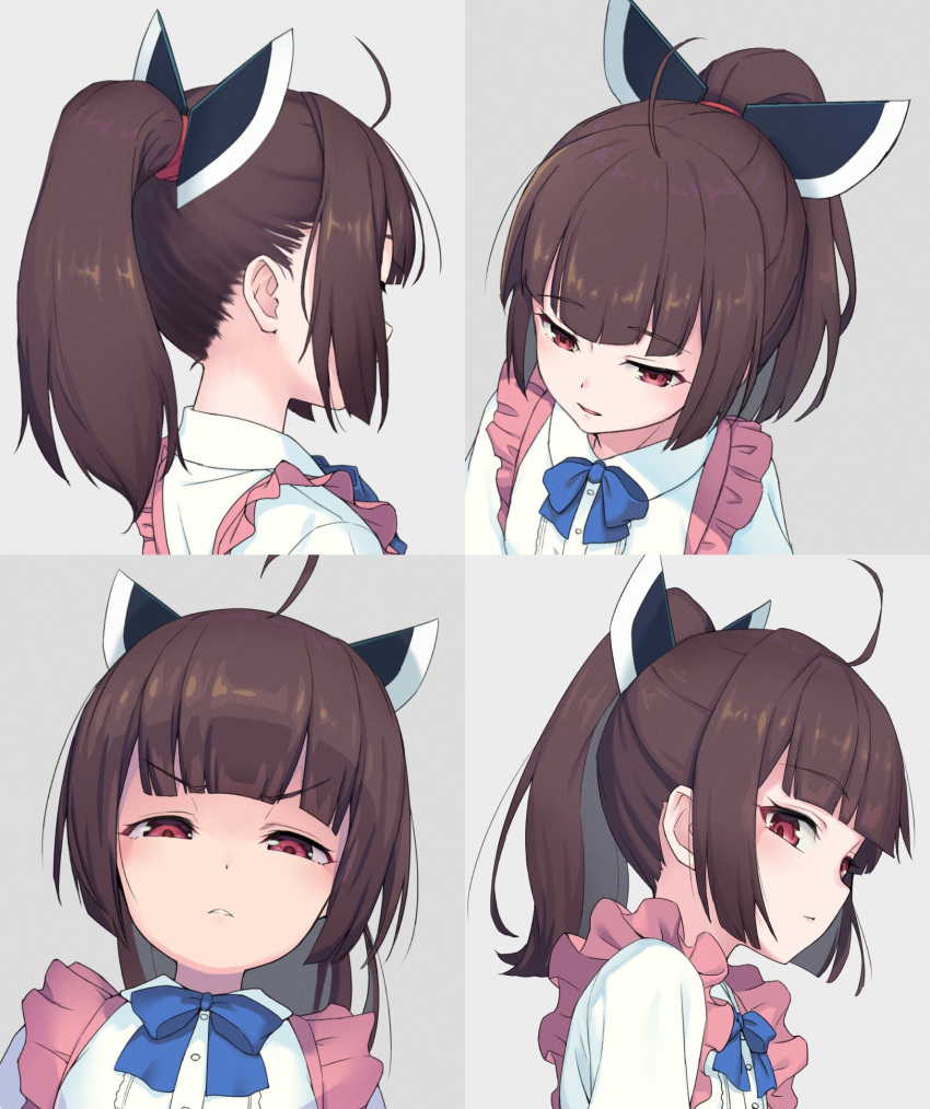 1girl ahoge alternate_costume apron blade blue_bow blue_bowtie blunt_bangs bow bowtie brown_hair center_frills collared_shirt commentary_request frilled_apron frills frown glaring headgear hibi_tsuna highres looking_at_viewer medium_hair multiple_views nape pink_apron ponytail portrait red_eyes shirt simple_background touhoku_kiritan v-shaped_eyebrows voiceroid white_shirt