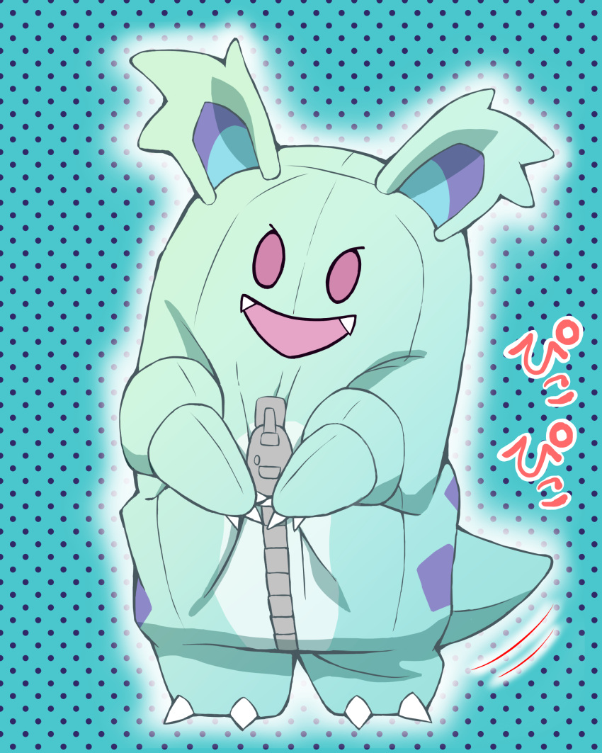 1other absurdres claws commentary_request costume dotted_background full_body glowing green_background highres nidothing pokemon pokemon_(anime) pokemon_horizons rakkokun_tondoru solo tail tail_wagging zipper zipper_pull_tab