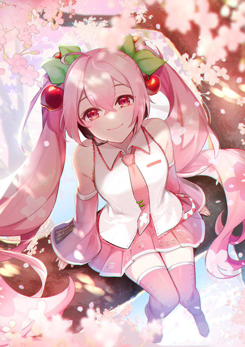 1girl absurdres boots cherry_blossoms cherry_hair_ornament closed_mouth collared_shirt detached_sleeves dress_shirt food-themed_hair_ornament hair_between_eyes hair_ornament hatsune_miku headphones headset highres in_tree long_hair long_sleeves looking_at_viewer mamo_(fortune-mm) microphone miniskirt pink_footwear pink_hair pink_skirt pink_sleeves pleated_skirt red_eyes sakura_miku shirt sitting sitting_in_tree skirt sleeveless sleeveless_shirt smile solo spring_(season) thigh_boots tree twintails very_long_hair vocaloid white_shirt wing_collar zettai_ryouiki