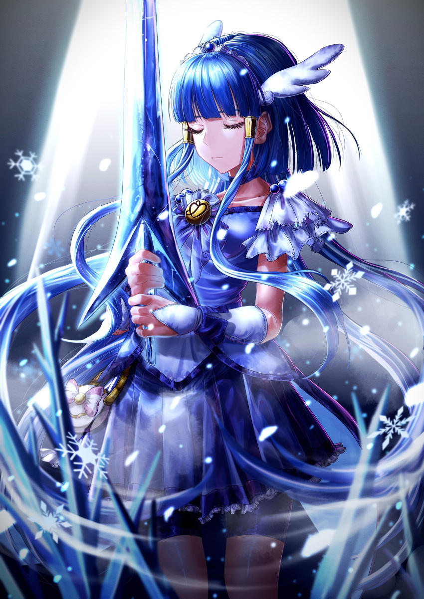 1girl absurdres aoki_reika black_pantyhose blue_choker blue_hair blue_shirt blue_skirt blunt_bangs bridal_gauntlets brooch choker closed_mouth cowboy_shot crystal_sword cure_beauty facing_to_the_side gloves hair_tubes highres holding holding_sword holding_weapon ice jewelry long_hair magical_girl pantyhose precure sakana_sakanama shirt skirt sleeveless sleeveless_shirt smile_precure! snowflakes snowing solo spotlight standing sword tiara very_long_hair weapon white_gloves wing_hair_ornament