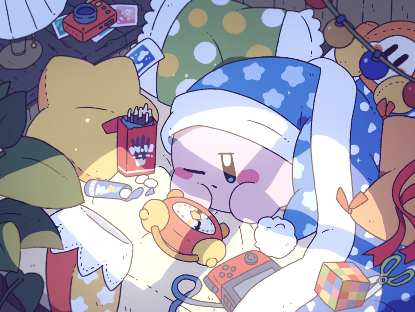 alarm_clock bed blue_eyes blue_headwear blush blush_stickers box camera character_doll clock closed_mouth commentary_request desk_lamp food handheld_game_console harukui hat highres indoors kirby kirby_(series) lamp leaf light_particles mentos morning nightcap nintendo_switch no_humans on_bed one_eye_closed photo_(object) pillow plant pocky pom_pom_(clothes) red_ribbon ribbon rubik's_cube scissors shadow sleepy solo star_(symbol) star_pillow string_of_light_bulbs table under_covers waddle_dee