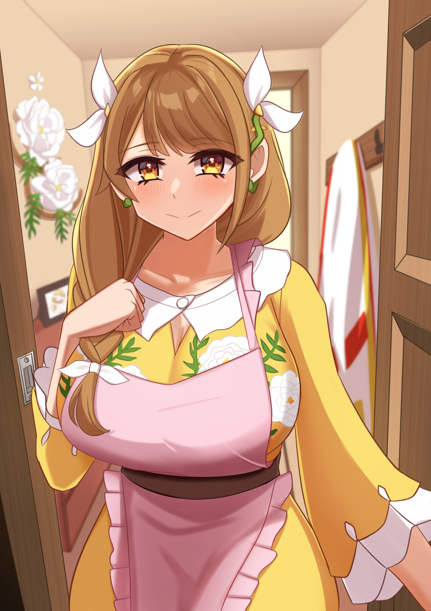 1girl apron braid breasts brown_eyes brown_hair closed_mouth door dress earrings fire_emblem fire_emblem_engage frilled_apron frills goldmary_(fire_emblem) hair_ribbon highres jewelry kirby_lord large_breasts long_hair looking_at_viewer open_door ribbon side_braid solo yellow_dress