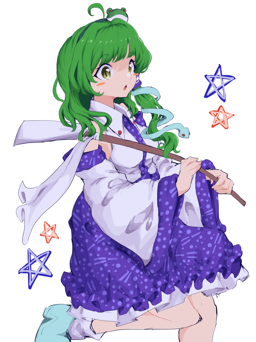 1girl absurdres ahoge blush_stickers breasts collared_shirt commentary_request cowboy_shot detached_sleeves frog_hair_ornament gohei green_eyes green_hair hair_ornament hairband highres holding holding_gohei kochiya_sanae leg_up long_hair mugi_(mugimugi_9kv) nontraditional_miko pentacle shirt side_ponytail skirt snake_hair_ornament solo touhou white_background white_footwear wide_sleeves