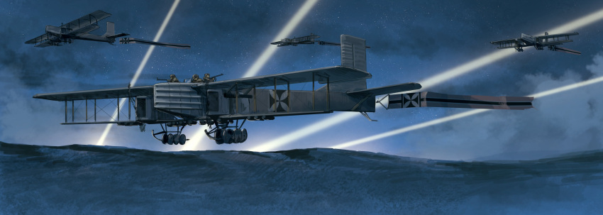 3boys absurdres aircraft airplane asterisk_kome banner biplane clouds cross gun highres hill iron_cross machine_gun military military_uniform military_vehicle multiple_boys night outdoors searchlight star_(sky) uniform vehicle_focus very_wide_shot weapon winged_fusiliers