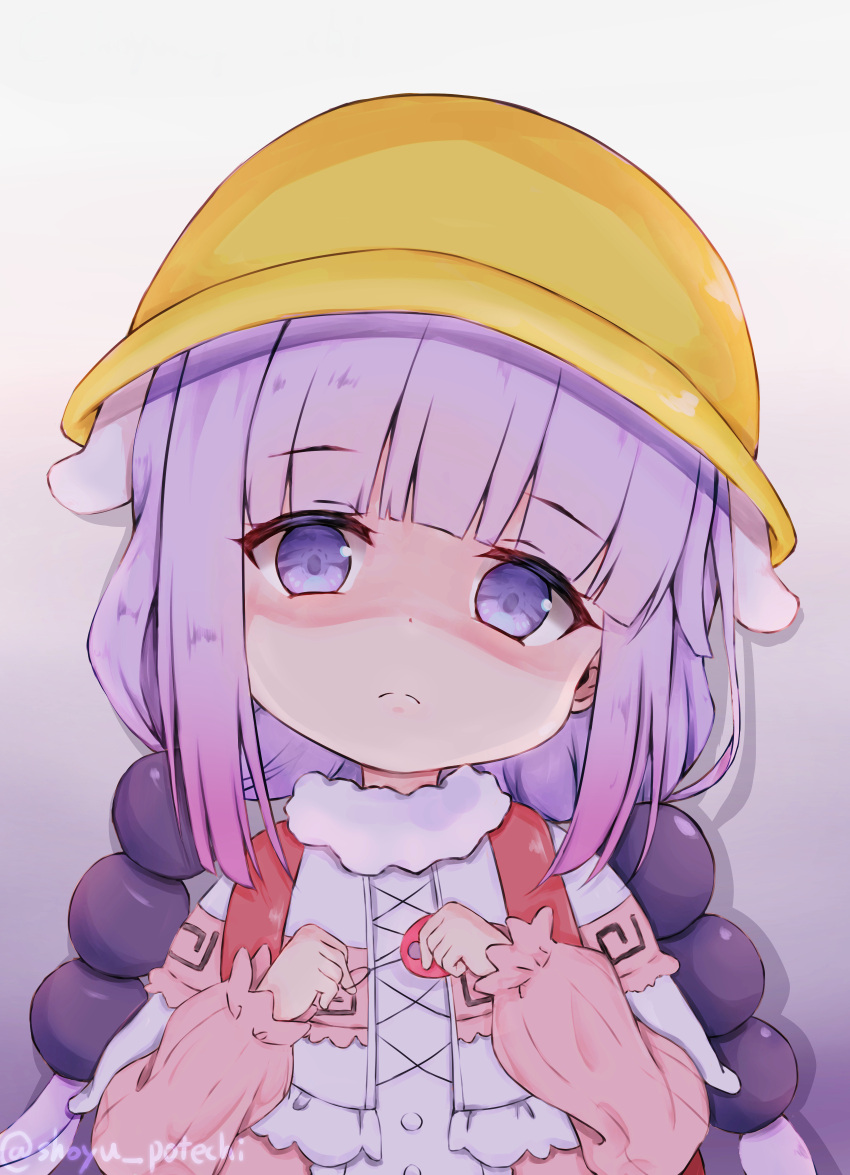 1girl artist_name blunt_bangs child closed_mouth commentary_request crime_prevention_buzzer disgust dress female_child frown fur-trimmed_dress fur_trim gradient_background hair_bobbles hair_ornament hat highres kanna_kamui kobayashi-san_chi_no_maidragon long_hair long_sleeves looking_at_viewer low_twintails pink_dress purple_background purple_hair school_hat shaded_face shoyu_potechi solo split_mouth twintails twitter_username violet_eyes white_background yellow_headwear