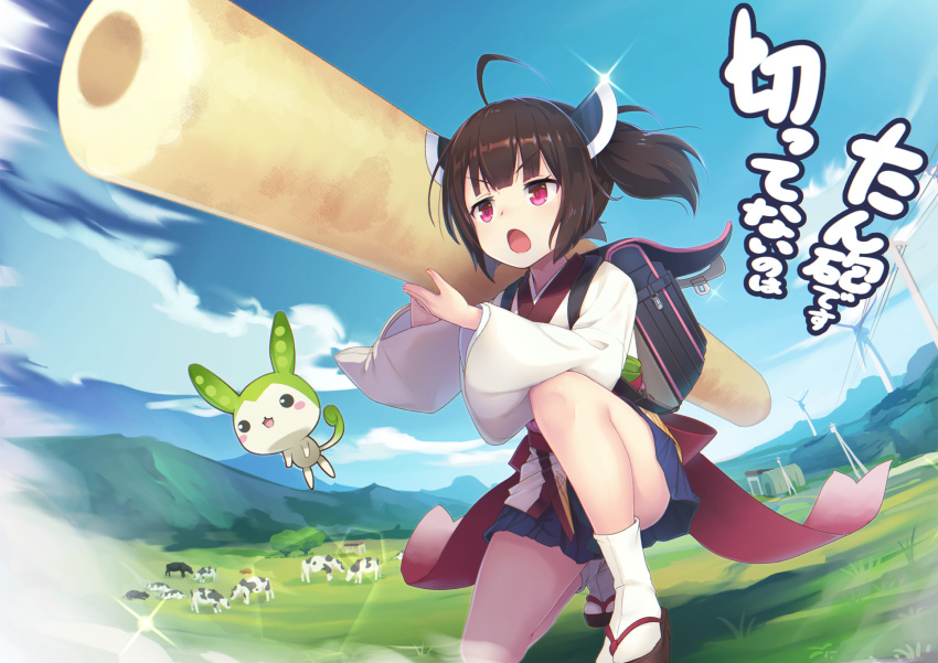 1girl backpack bag blue_skirt blunt_bangs blush_stickers brown_hair cannon carrying_over_shoulder commentary cow creature fisheye floating glint headgear hibi_tsuna highres japanese_clothes kimono kiritanpo_(food) miniskirt mountainous_horizon on_one_knee open_mouth outdoors oversized_food pink_eyes short_hair short_twintails shoulder_cannon skirt sparkle tabi touhoku_kiritan twintails v-shaped_eyebrows voiceroid white_kimono wind_turbine zundamon