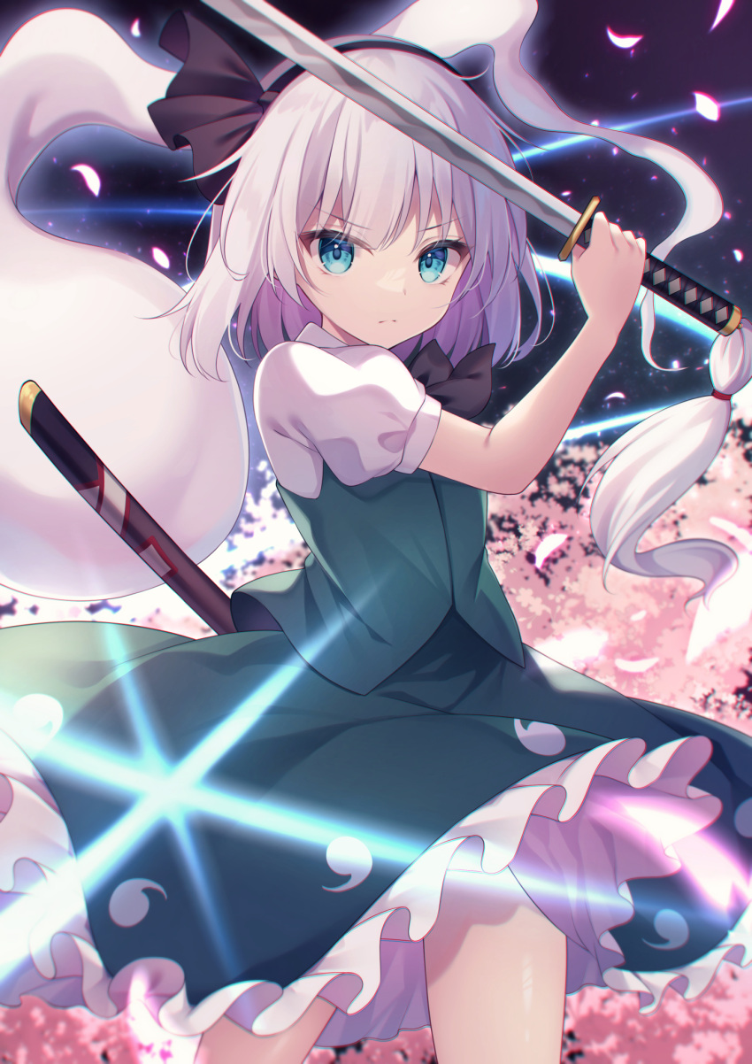 1girl black_bow black_bowtie black_hairband black_ribbon black_sky blue_eyes bow bowtie cherry_blossoms closed_mouth collared_shirt frills ghost ghost_print green_skirt green_vest grey_hair hair_between_eyes hairband hand_up highres hitodama hitodama_print holding holding_sword holding_weapon katana konpaku_youmu konpaku_youmu_(ghost) looking_at_viewer miy@ night night_sky outdoors petals puffy_short_sleeves puffy_sleeves ribbon shirt short_hair short_sleeves skirt skirt_set sky solo sparkle standing sword touhou tree v-shaped_eyebrows vest weapon white_shirt