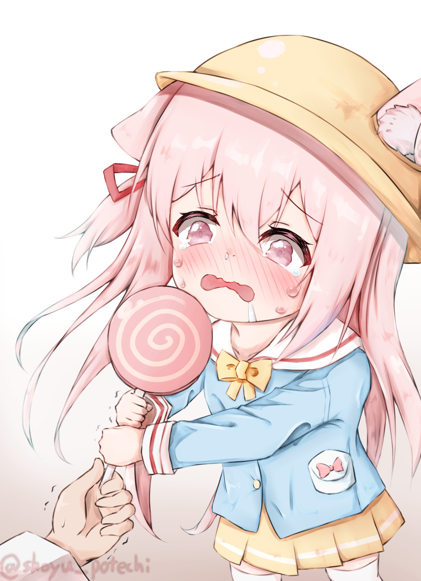 1girl 1other animal_ear_fluff animal_ears artist_name azur_lane blue_shirt bow bow_shirt brown_background candy cat_ears cat_girl child commentary_request cowboy_shot crying drooling female_child food gradient_background hair_between_eyes hair_ribbon hat highres holding holding_candy holding_food kindergarten_uniform kisaragi_(azur_lane) lollipop long_hair long_sleeves mouth_drool one_side_up open_mouth pink_eyes pink_hair pleated_skirt red_ribbon ribbon sailor_collar sailor_shirt school_hat school_uniform serafuku shirt shoyu_potechi skirt solo_focus swirl_lollipop tears thigh-highs twitter_username wavy_mouth white_background white_sailor_collar white_thighhighs yellow_bow yellow_headwear yellow_skirt