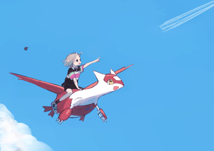 1girl absurdres collared_shirt contrail crossover floating_hair floating_hat flying grey_hair highres idolmaster idolmaster_shiny_colors latias looking_to_the_side oalatao pointing pokemon pokemon_(creature) riding riding_pokemon serizawa_asahi shirt shoes short_sleeves smile sneakers