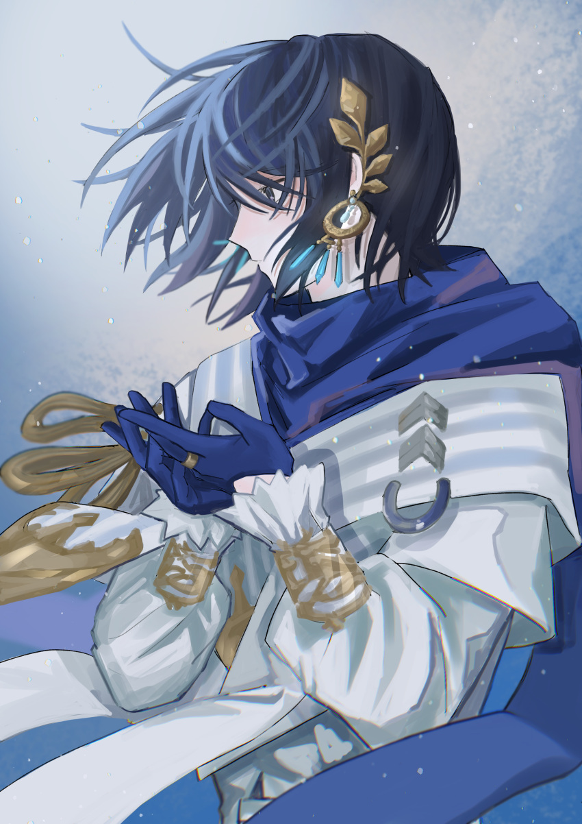 1boy absurdres alchemy_stars blue_background blue_eyes blue_gloves blue_hair blue_scarf coat dangle_earrings dark_blue_hair earrings fushimi_arata gloves gold_trim gradient_background hair_between_eyes hair_ornament hands_up highres jewelry leaf_hair_ornament long_sleeves looking_to_the_side male_focus novio_(alchemy_stars) parted_lips profile ring scarf short_hair snowing solo upper_body white_background white_coat wind