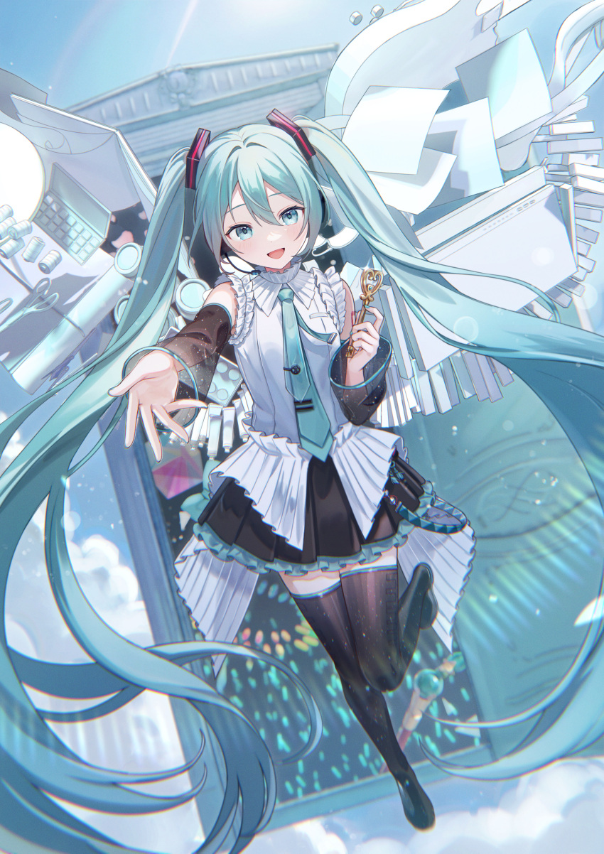 1girl absurdres aqua_eyes aqua_hair aqua_nails aqua_necktie bare_shoulders black_footwear black_skirt black_sleeves boots commentary_request detached_sleeves flying_paper full_body glowstick hair_between_eyes hair_ornament hatsune_miku hatsune_miku_happy_16th_birthday_-dear_creators- headphones headset high_collar highres holding holding_key key long_hair looking_at_viewer microphone necktie number_tattoo open_hand open_mouth outstretched_hand paper pleated_skirt see-through see-through_sleeves shirt shoulder_tattoo skirt sleeveless sleeveless_shirt smile solo stage_lights tattoo thigh_boots twintails very_long_hair vocaloid vs0mr white_shirt wide_sleeves zettai_ryouiki