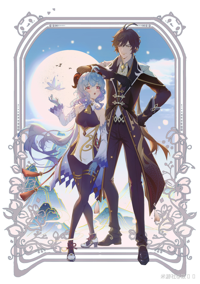 1boy 1girl :o absurdres ahoge arm_on_head bare_shoulders bell bird black_gloves black_hair blue_hair blush bodystocking breasts brown_hair check_translation chinese_knot clouds coattails cowbell detached_sleeves earrings flower formal full_body ganyu_(genshin_impact) genshin_impact gloves goat_horns gradient_hair hair_between_eyes hand_on_own_hip hand_up heart height_difference highres horns jacket jewelry long_hair long_sleeves lotus medium_breasts moon mountain multicolored_hair neck_bell necktie open_mouth pants picture_frame ponytail shirt shoes sidelocks single_earring sky suit tassel tassel_earrings thumb_ring translation_request very_long_hair violet_eyes vision_(genshin_impact) white_necktie xiaoxinxin yellow_eyes zhongli_(genshin_impact)