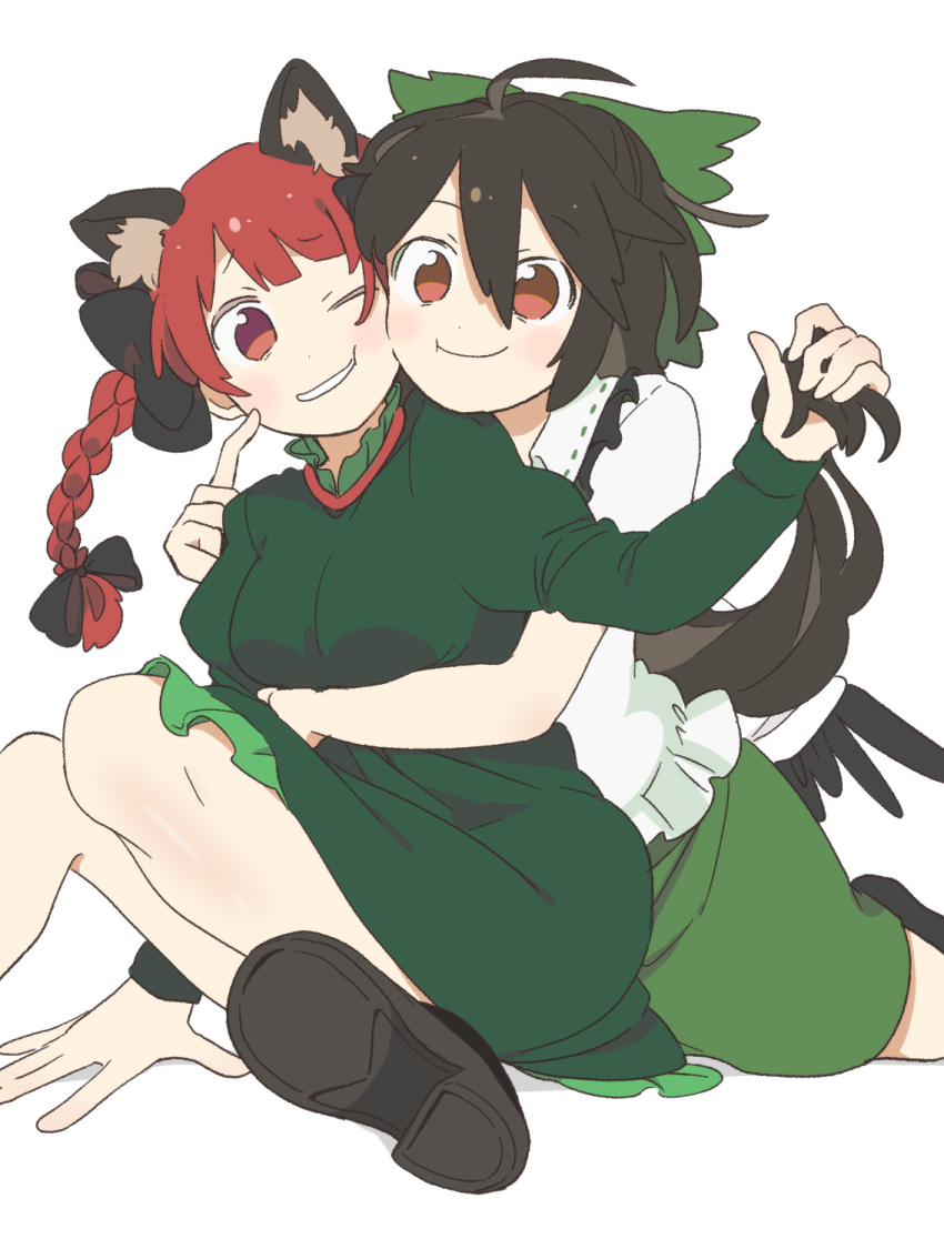 2girls :t ;) ahoge animal_ear_fluff animal_ears arm_under_breasts bird_wings black_hair blush bow braid breasts cat_ears citrus_(place) dress extra_ears finger_to_another's_cheek foot_out_of_frame green_bow green_dress green_skirt hair_between_eyes hair_bow hair_ribbon highres holding_another's_hair hug hug_from_behind kaenbyou_rin knees_together_feet_apart long_hair low_wings medium_breasts multiple_girls one_eye_closed parted_lips red_eyes redhead reiuji_utsuho ribbon shirt sitting skirt smile teeth touhou tress_ribbon twin_braids very_long_hair white_shirt wings yuri