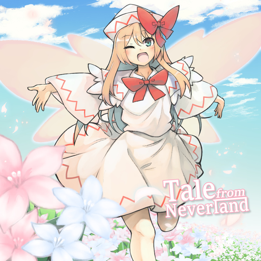 1girl blonde_hair blue_eyes blush capelet day fairy fairy_wings flower ginnkei hair_between_eyes hat highres lily_white long_hair long_sleeves one_eye_closed open_mouth outdoors pink_flower shirt skirt smile solo touhou white_capelet white_flower white_headwear white_shirt white_skirt wide_sleeves wings