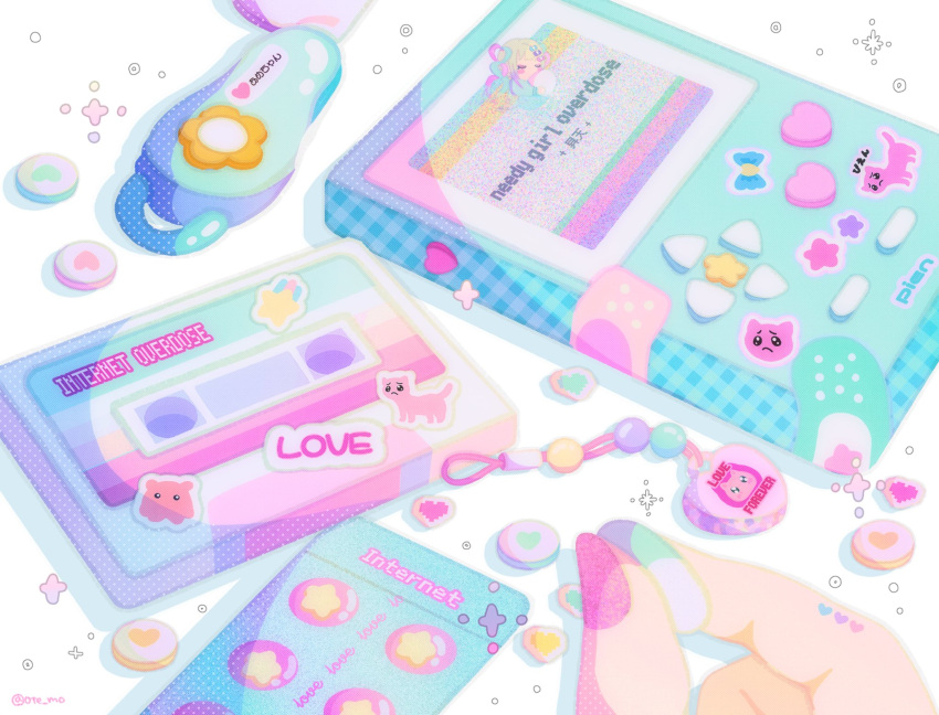 bandaid blonde_hair cassette_tape chouzetsusaikawa_tenshi-chan closed_eyes game_boy handheld_game_console highres needy_girl_overdose ote_mo pill pink_nails quad_tails star_sticker sticker