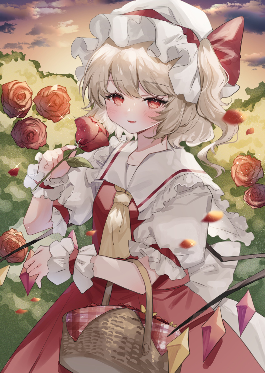 1girl absurdres ascot basket clouds commentary_request cowboy_shot crystal flandre_scarlet flower hand_up hat hat_ribbon highres holding holding_flower long_hair looking_at_viewer mob_cap one_side_up open_mouth outdoors petals puffy_short_sleeves puffy_sleeves red_eyes red_flower red_ribbon red_rose red_skirt red_vest ribbon rose shirt short_sleeves skirt smile solo sorani_(kaeru0768) touhou vest white_headwear white_shirt wings wrist_cuffs yellow_ascot