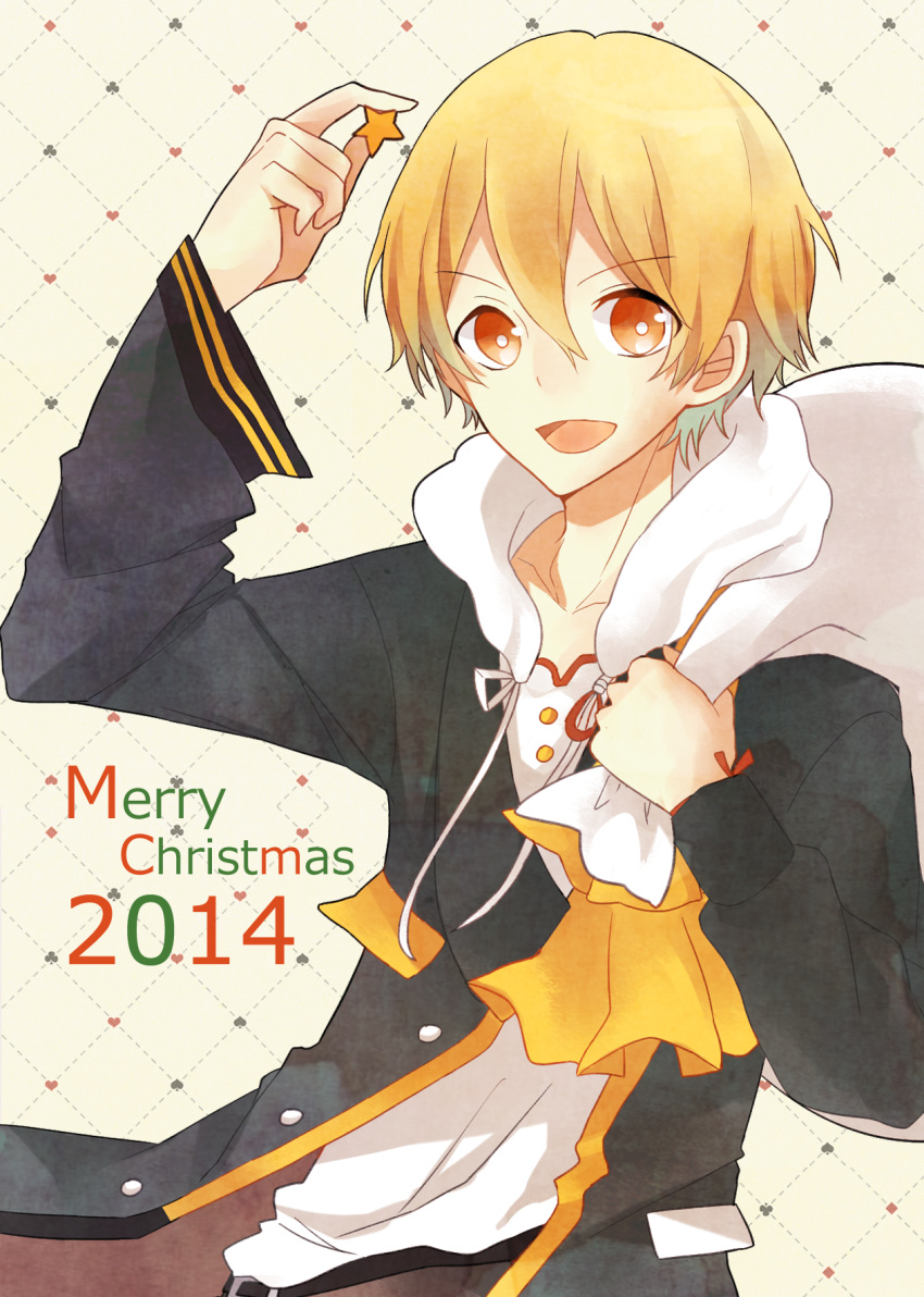 1boy 2014 :d argyle argyle_background asymmetrical_sleeves black_jacket blonde_hair bright_pupils buttons carrying_over_shoulder collarbone colored_text commentary double-parted_bangs english_commentary heart highres holding holding_sack holding_star jacket long_sleeves looking_at_viewer male_focus mismatched_sleeves miyagi2627 open_clothes open_jacket open_mouth orange_eyes pocket red_trim sack shirt shiwasu_kakeru short_hair smile solo star_(symbol) tareme tsukino_talent_production tsukiuta unbuttoned upper_body white_background white_pupils white_shirt yellow_trim