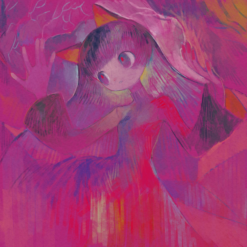 1girl abstract animal_ears blunt_bangs cat_ears collared_dress colored_skin dress highres long_hair long_sleeves multicolored_eyes nedoco original pink_background pink_dress pink_eyes pink_pupils pink_skin pink_theme solo surreal very_long_hair
