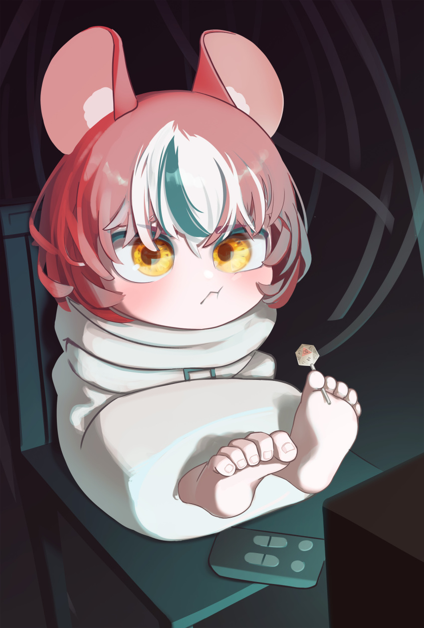 1girl absurdres animal_ears appleblossomtea black_hair closed_mouth controller dice hakos_baelz highres hololive mouse_ears mouse_girl multicolored_hair redhead remote_control short_hair sitting solo straitjacket streaked_hair television white_hair yellow_eyes