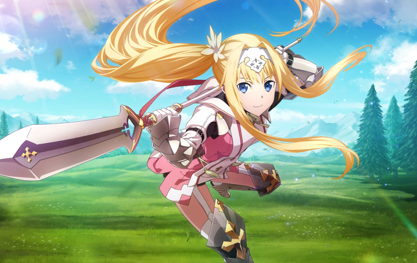 1girl alice_zuberg alisha_diphda alisha_diphda_(cosplay) black_shorts blonde_hair blue_eyes blue_sky closed_mouth clouds cosplay day dress floating_hair garter_straps gloves hairband holding holding_weapon knee_pads lens_flare long_hair looking_at_viewer mountainous_horizon outdoors pink_dress short_dress short_shorts shorts sky smile solo sunlight sword_art_online sword_art_online:_alicization tales_of_(series) tales_of_zestiria thigh-highs very_long_hair weapon white_gloves white_hairband white_thighhighs