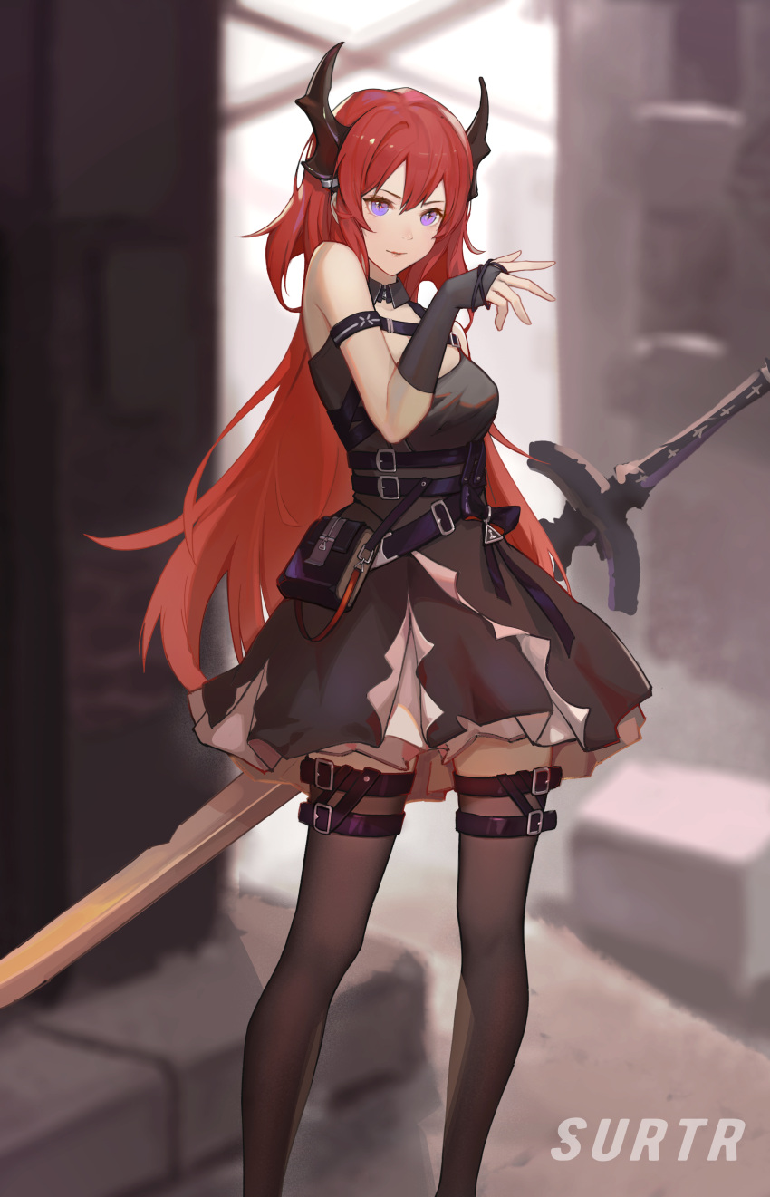 1girl absurdres arknights arm_strap black_dress black_thighhighs blurry blurry_background breasts buckle character_name closed_mouth dress hair_between_eyes highres holding holding_sword holding_weapon horns long_hair medium_breasts redhead short_dress sleeveless sleeveless_dress slit_pupils smile solo standing surtr_(arknights) sword thigh-highs very_long_hair violet_eyes weapon yadoshin zettai_ryouiki