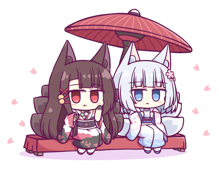 2girls akagi_(azur_lane) akagi_(precipice_of_sweetness)_(azur_lane) animal_ears azur_lane black_sash blue_eyes blue_sash brown_hair brown_tail chibi cup food fox_ears fox_tail highres holding holding_cup holding_food japanese_clothes kaga_(azur_lane) kaga_(gentle_blossom's_sigh)_(azur_lane) kashimu kimono kitsune kyuubi long_hair long_sleeves looking_at_viewer multiple_girls multiple_tails official_alternate_costume oil-paper_umbrella pink_kimono red_umbrella sash short_hair simple_background sitting tail umbrella wagashi white_background white_hair white_kimono white_tail wide_sleeves yukata