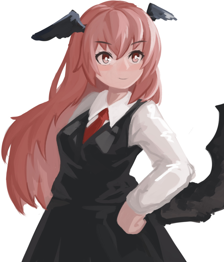 &gt;:) 1girl absurdres bat_wings black_skirt black_vest black_wings blush breasts bright_pupils collared_shirt dress_shirt eyelashes hair_between_eyes hand_on_own_hip head_wings highres koakuma lenserd light_smile long_hair long_sleeves low_wings medium_breasts mixed-language_commentary necktie red_eyes red_necktie redhead shirt sidelocks simple_background skirt skirt_set solo touhou v-shaped_eyebrows vest white_background white_pupils white_shirt wings