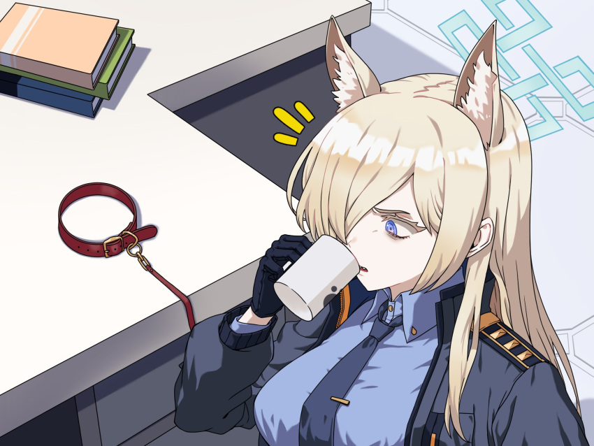 1girl animal_ear_fluff animal_ears belt_collar black_giraffe black_gloves black_jacket black_necktie blue_archive blue_eyes blue_shirt book book_stack collar commentary_request cup desk dog_ears dog_girl drinking extra_ears facing_away gloves hair_over_one_eye halo highres holding holding_cup jacket kanna_(blue_archive) light_brown_hair long_hair long_sleeves looking_away mug necktie open_clothes open_jacket parted_lips police police_uniform policewoman sharp_teeth shirt sidelocks solo teeth tie_clip uniform