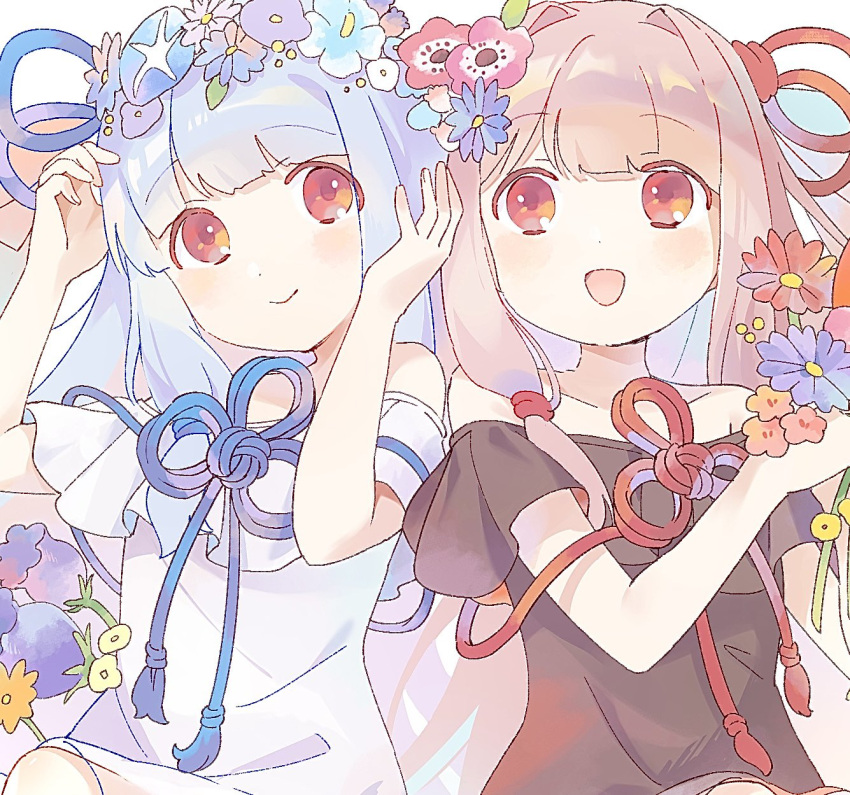 2girls bare_shoulders blue_hair blue_ribbon blunt_bangs chipochopo324 closed_mouth cowboy_shot dress flower flower_knot flower_request frilled_dress frills hair_intakes hair_ribbon hands_up head_wreath highres holding holding_flower kotonoha_akane kotonoha_aoi light_blush long_hair looking_at_viewer multiple_girls off-shoulder_dress off_shoulder open_mouth pink_hair red_eyes red_ribbon ribbon siblings side-by-side sidelocks simple_background sisters sitting smile voiceroid white_background