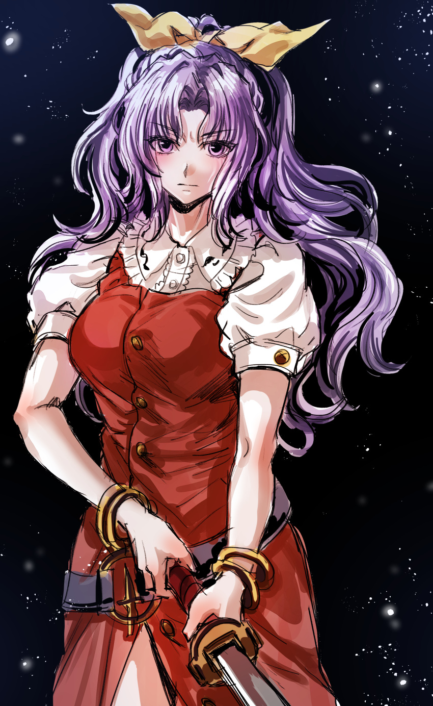 1girl absurdres bangle belt blush bracelet breasts buttons closed_mouth dark_background dress frilled_shirt_collar frills gradient_background hair_ribbon highres holding holding_sword holding_weapon jewelry kuya_(hey36253625) long_hair looking_at_viewer medium_breasts night night_sky parted_bangs ponytail puffy_short_sleeves puffy_sleeves purple_hair red_dress ribbon serious short_sleeves sky solo star_(sky) starry_sky sword touhou two-handed v-shaped_eyebrows very_long_hair violet_eyes watatsuki_no_yorihime weapon yellow_ribbon