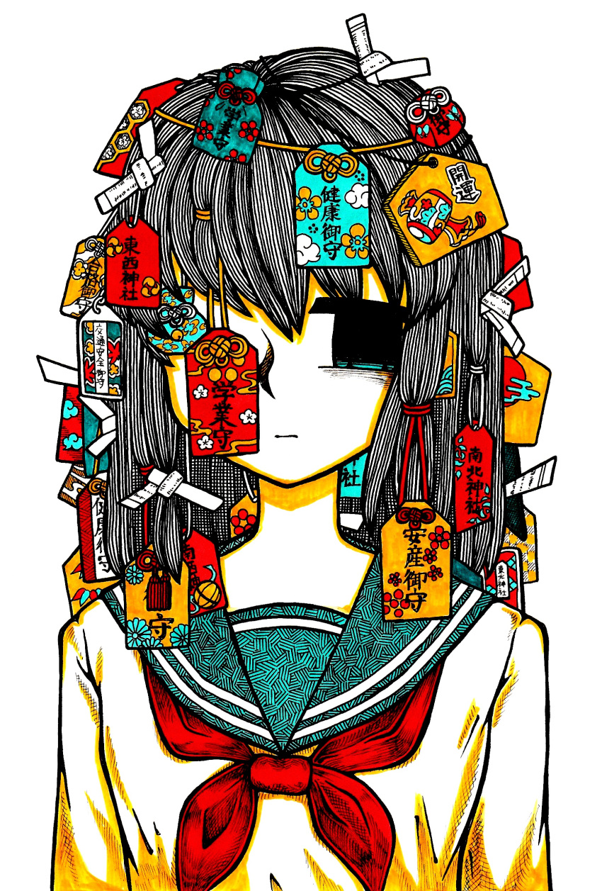 1girl absurdres aqua_eyes aqua_sailor_collar bags_under_eyes black_eyes closed_mouth commentary_request ema empty_eyes hair_ornament half-closed_eyes hatching_(texture) highres long_sleeves looking_away matoi_hakua multicolored_eyes neckerchief omamori one_eye_covered original partially_colored red_neckerchief school_uniform serafuku simple_background solo too_many upper_body