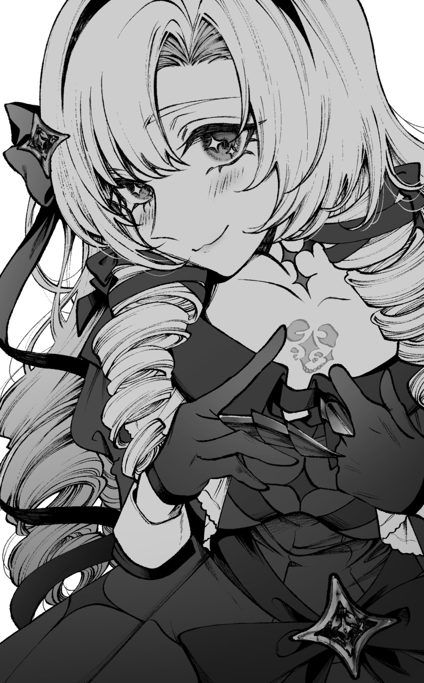 1girl :3 asaga_iori blush bow chest_tattoo closed_mouth clothes_pull collarbone commentary dress dress_pull drill_hair gloves greyscale hair_bow hair_ornament hair_ribbon hairband head_tilt highres hyakumantenbara_salome long_hair long_sleeves looking_at_viewer monochrome nijisanji parted_bangs pointing pointing_at_self pointy_nose ribbon scorpion_tattoo simple_background smile solo sparkle sparkling_eyes tattoo twin_drills upper_body very_long_hair virtual_youtuber white_background
