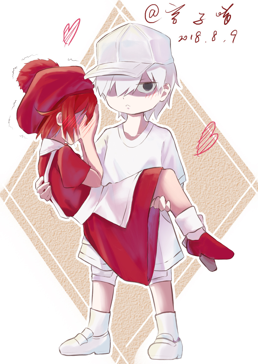 1boy 1girl :&lt; absurdres ae-3803 aged_down apron artist_name baseball_cap black_eyes blush brown_background carrying chinese_commentary closed_mouth collarbone colored_skin commentary covering_face dated dress embarrassed erythroblast_(hataraku_saibou) full-face_blush full_body hair_over_one_eye hand_blush hand_on_another's_back hand_on_another's_leg hands_on_own_face hat hataraku_saibou heart highres jitome loafers longyanmiao looking_at_viewer myelocyte_(hataraku_saibou) outline pale_skin pom_pom_(clothes) princess_carry red_dress red_footwear red_headwear redhead sanpaku shirt shoes short_hair short_sleeves shorts sidelocks signature socks t-shirt tam_o'_shanter trembling u-1146 very_short_hair white_apron white_background white_footwear white_outline white_shirt white_shorts white_skin white_socks