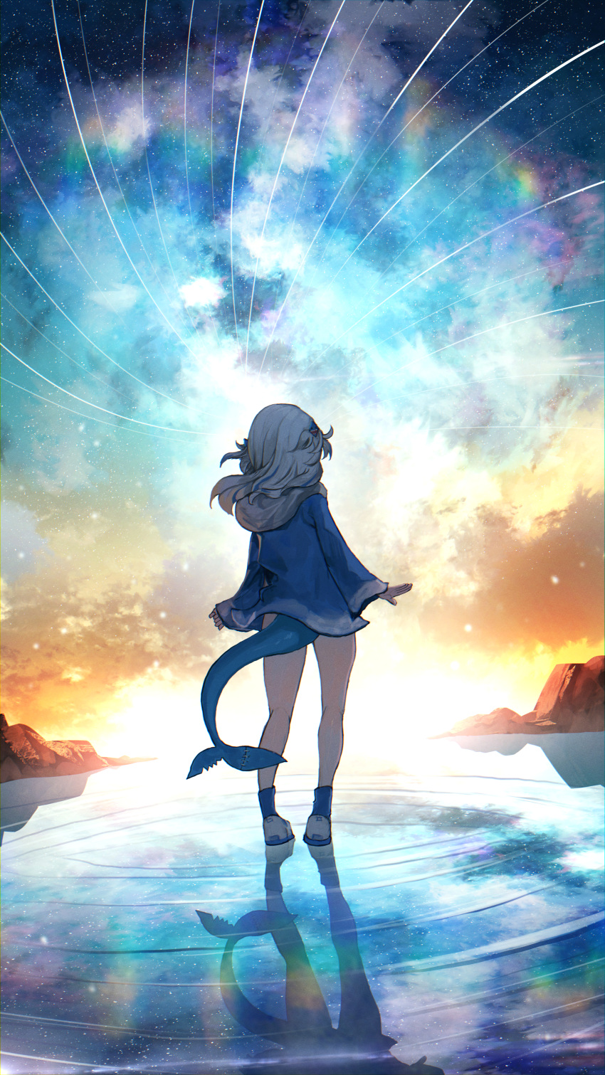 1girl absurdres advarcher animal_hood blue_hoodie blue_socks facing_away fins fish_tail from_behind gawr_gura gawr_gura_(1st_costume) hair_ornament highres hololive hololive_english hood hoodie reflection reflective_floor ripples scenery shark_girl shark_hair_ornament shark_hood shark_tail sky socks solo standing star_(sky) starry_background starry_sky tail virtual_youtuber white_footwear white_hair