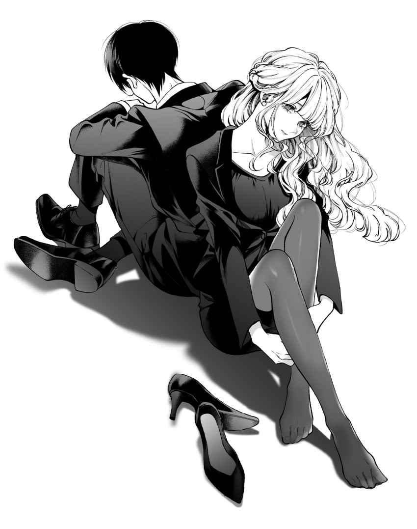 1boy 1girl arm_on_knee asaga_iori back-to-back black_hair black_jacket black_pants black_shirt black_socks closed_mouth collarbone cover_image earrings feet floating_hair formal full_body gloom_(expression) grey_pantyhose head_tilt high_heels highres hugging_own_legs inu_to_kuzu jacket jewelry knee_up knees_up layered_sleeves long_sleeves looking_away miniskirt official_art oxfords pants pantyhose pumps sakuraba_haruma shadow shirt shoe_soles shoes shoes_removed simple_background sitting skirt skirt_suit socks suit suit_jacket sumi_reika textless_version toes white_background white_shirt