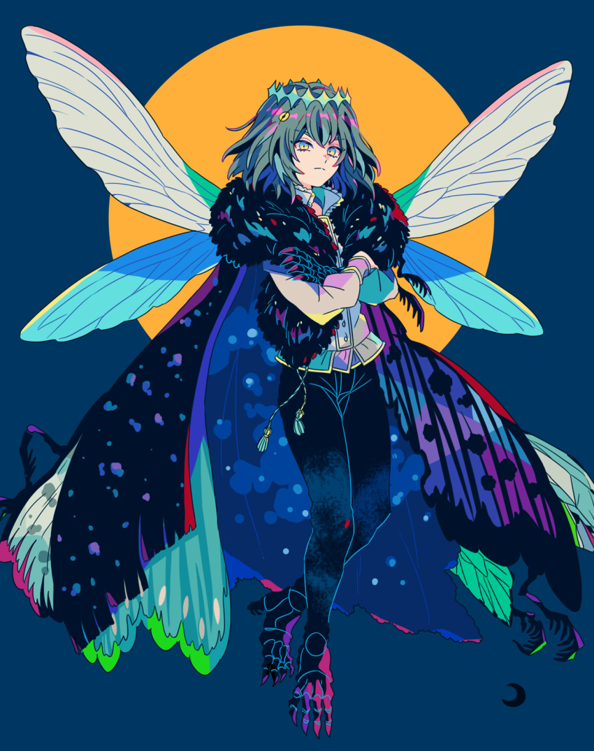 1boy arthropod_boy black_pants blue_eyes butterfly_wings cape collared_shirt crossed_arms crown diamond_hairband dragonfly_wings expressionless fate/grand_order fate_(series) full_body fur-trimmed_cape fur_trim grey_hair highres insect_wings long_sleeves looking_at_viewer male_focus medium_hair mizuki_tsukimori oberon_(fate) oberon_(third_ascension)_(fate) pants shirt simple_background solo white_shirt wings