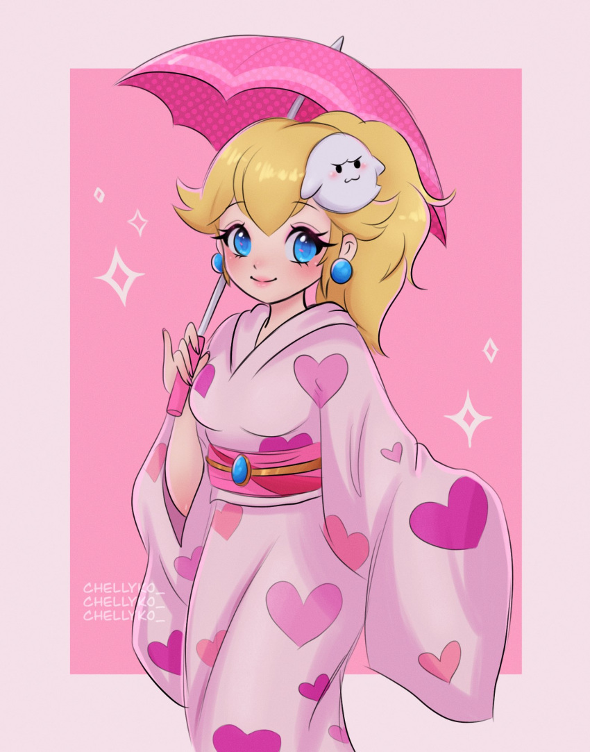 1girl artist_name blonde_hair blue_eyes blush boo_(mario) breasts character_hair_ornament chelly_(chellyko) earrings gem hair_ornament heart heart_print highres holding japanese_clothes jewelry kimono long_hair long_sleeves looking_at_viewer mario_kart mario_kart_tour medium_breasts obi pink_background pink_kimono ponytail princess_peach princess_peach_(yukata) print_kimono sash simple_background smile solo sparkle standing super_mario_bros. umbrella watermark wide_sleeves