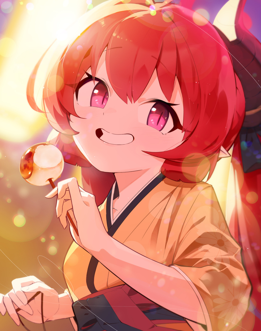 1girl absurdres blue_archive blunt_tresses blurry bokeh breasts depth_of_field food grin highres holding holding_food horns japanese_clothes junko_(blue_archive) junko_(new_year)_(blue_archive) kimono lens_flare long_hair looking_at_viewer mochi nasan_(coldtime) obi pointy_ears redhead sash sidelocks slit_pupils small_breasts smile solo twintails upper_body violet_eyes yellow_kimono yukata