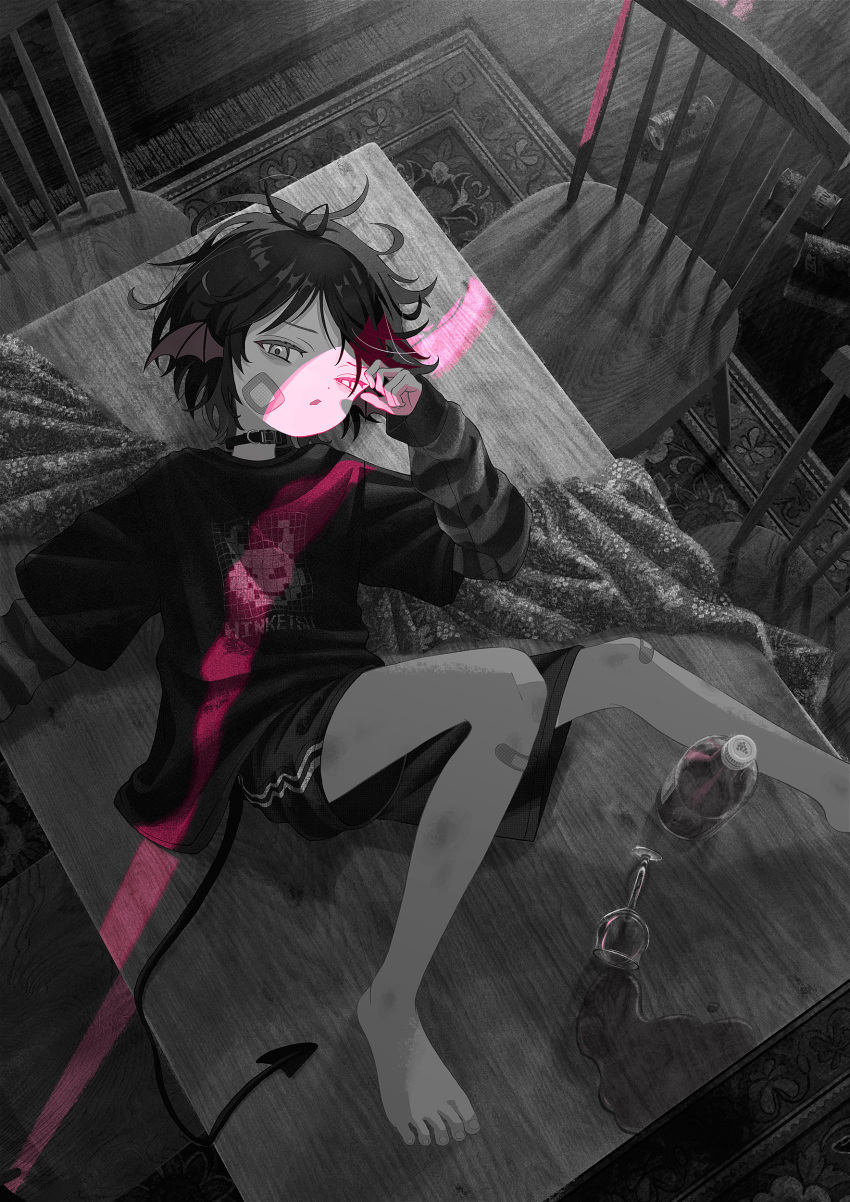1boy absurdres bandaid bare_legs barefoot black_choker black_hair black_shirt black_shorts bottle bruise can chair choker cup demon_tail from_above hand_up head_wings highres injury layered_sleeves long_sleeves looking_at_viewer monochrome original print_shirt rug sasakure_(mogunonbi) shirt short_hair short_over_long_sleeves short_sleeves shorts sleeves_past_wrists solo spot_color table tail wings