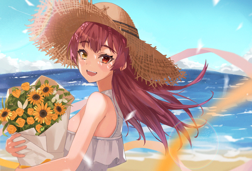 1girl :d bare_shoulders blue_sky blurry blush bouquet clouds dappled_sunlight day depth_of_field dress flower haru_yu hat heterochromia highres holding holding_bouquet hololive horizon houshou_marine long_hair looking_at_viewer ocean open_mouth outdoors red_eyes redhead ribbon shore sky sleeveless sleeveless_dress smile solo straw_hat summer sun_hat sundress sunflower sunlight upper_body virtual_youtuber water white_dress yellow_eyes